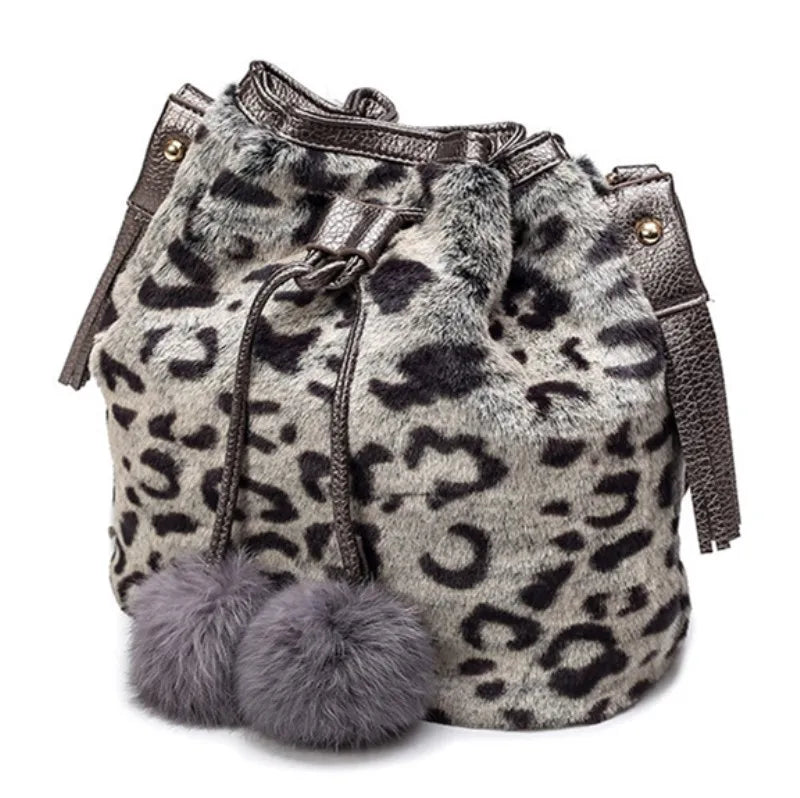 Women Winter Fashion Shoulder Bag Small Furry Faux Fur Bucket Drawstring Hand Bag Girls Purse Cross Body Bag with Pom Pom