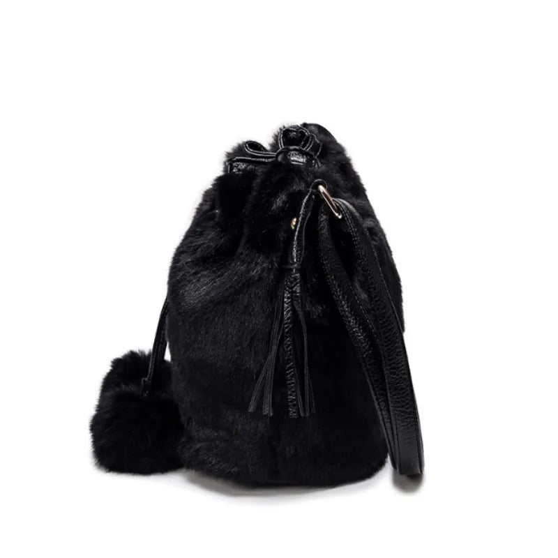 Women Winter Fashion Shoulder Bag Small Furry Faux Fur Bucket Drawstring Hand Bag Girls Purse Cross Body Bag with Pom Pom