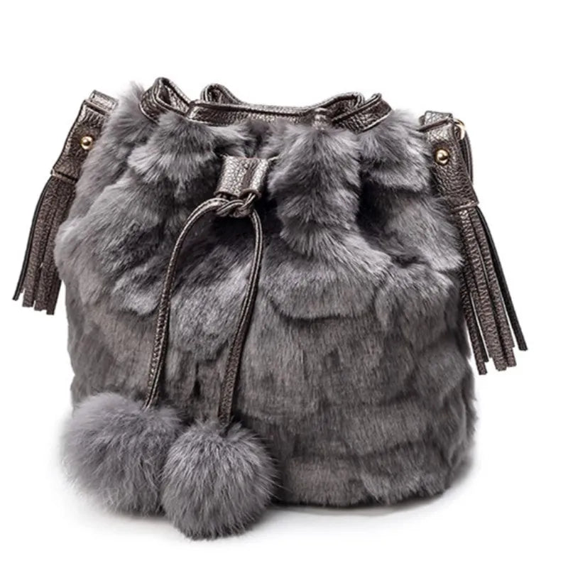 Women Winter Fashion Shoulder Bag Small Furry Faux Fur Bucket Drawstring Hand Bag Girls Purse Cross Body Bag with Pom Pom