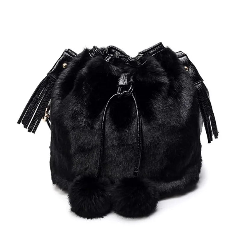 Women Winter Fashion Shoulder Bag Small Furry Faux Fur Bucket Drawstring Hand Bag Girls Purse Cross Body Bag with Pom Pom