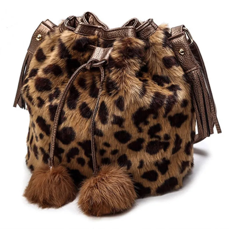 Women Winter Fashion Shoulder Bag Small Furry Faux Fur Bucket Drawstring Hand Bag Girls Purse Cross Body Bag with Pom Pom