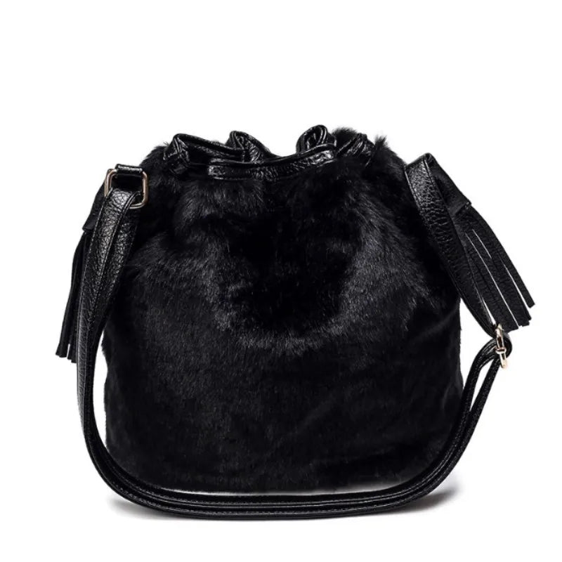 Women Winter Fashion Shoulder Bag Small Furry Faux Fur Bucket Drawstring Hand Bag Girls Purse Cross Body Bag with Pom Pom