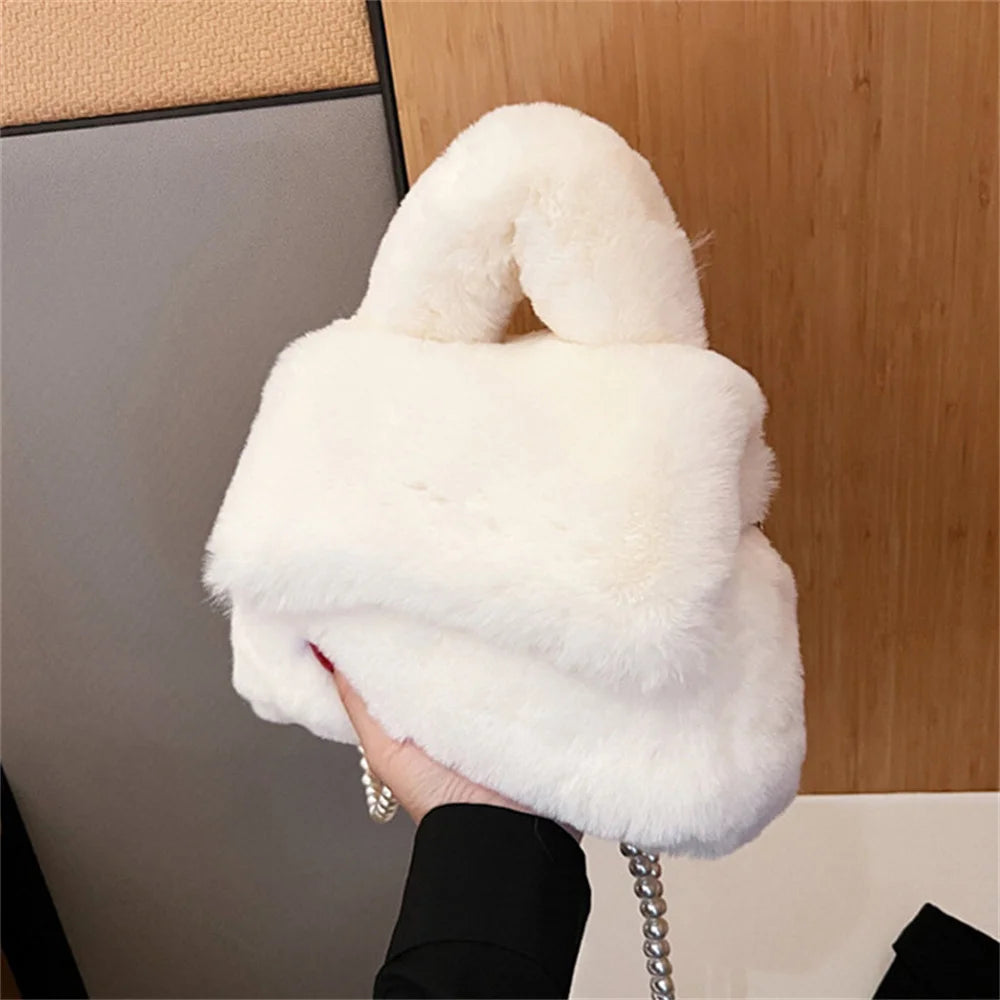 Winter Faux Fur Tote Bag Trend Brand Designer Handbag Fluffy Tote Bags Women Chain Shoulder Bag Small Crossbody Bags New