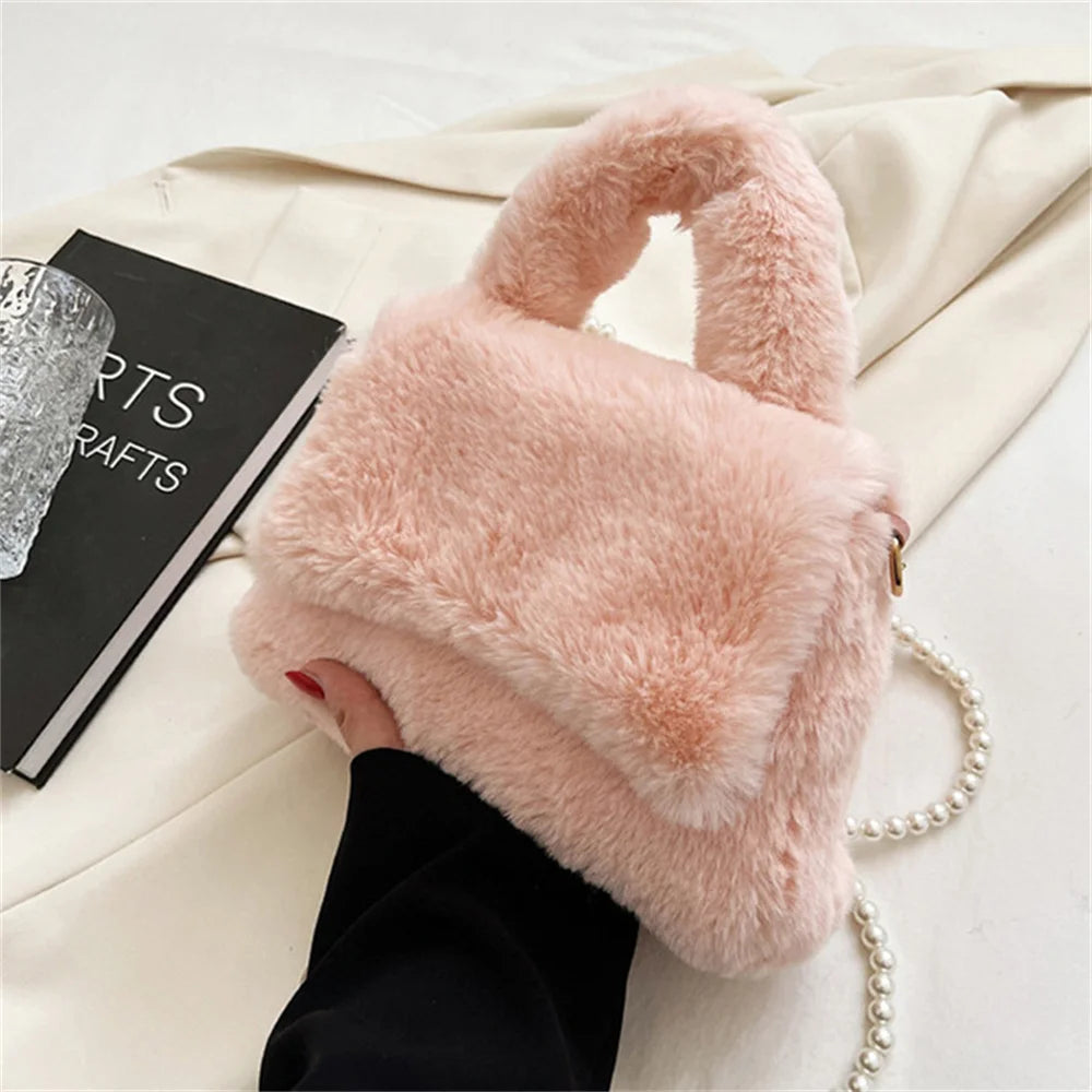 Winter Faux Fur Tote Bag Trend Brand Designer Handbag Fluffy Tote Bags Women Chain Shoulder Bag Small Crossbody Bags New