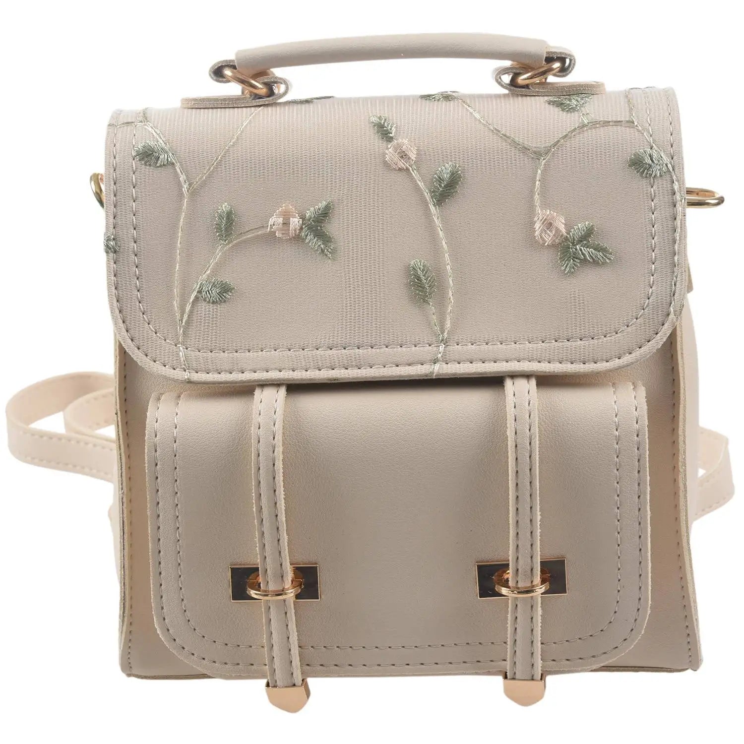 Floral Elegance Embroidered Leather School Backpack