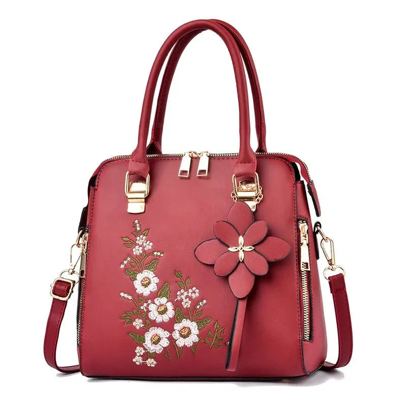 Elegant Floral Embroidered Leather Shoulder Bag