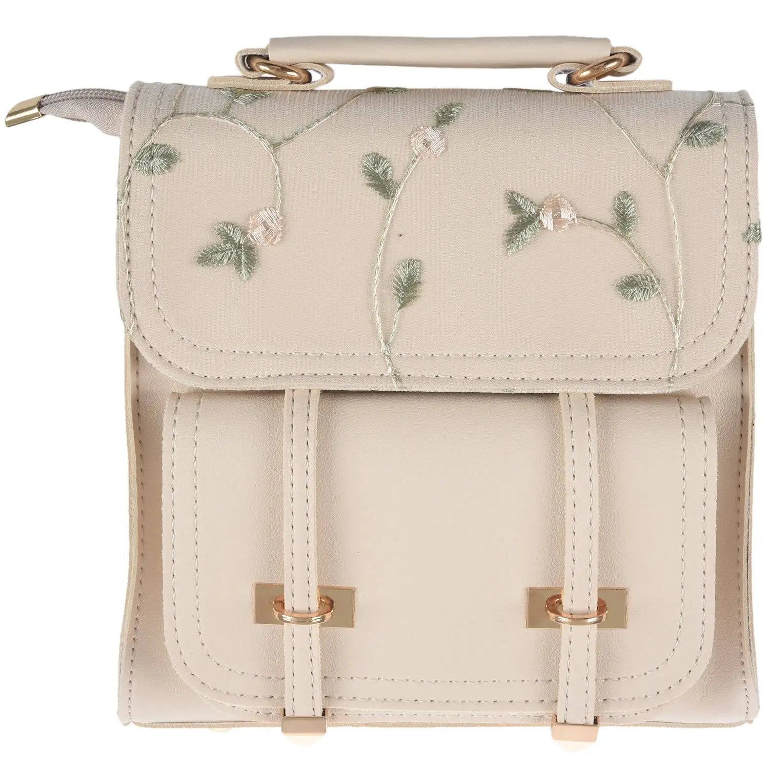 Floral Elegance Embroidered Leather School Backpack