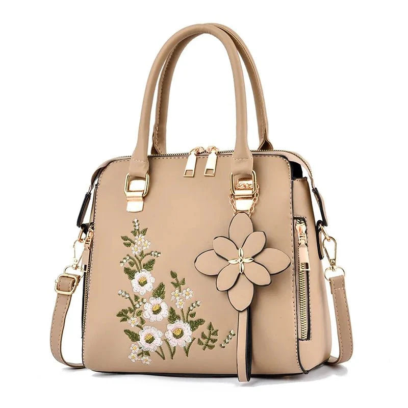 Elegant Floral Embroidered Leather Shoulder Bag