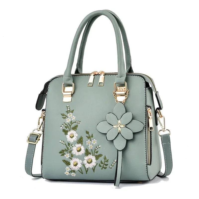 Elegant Floral Embroidered Leather Shoulder Bag