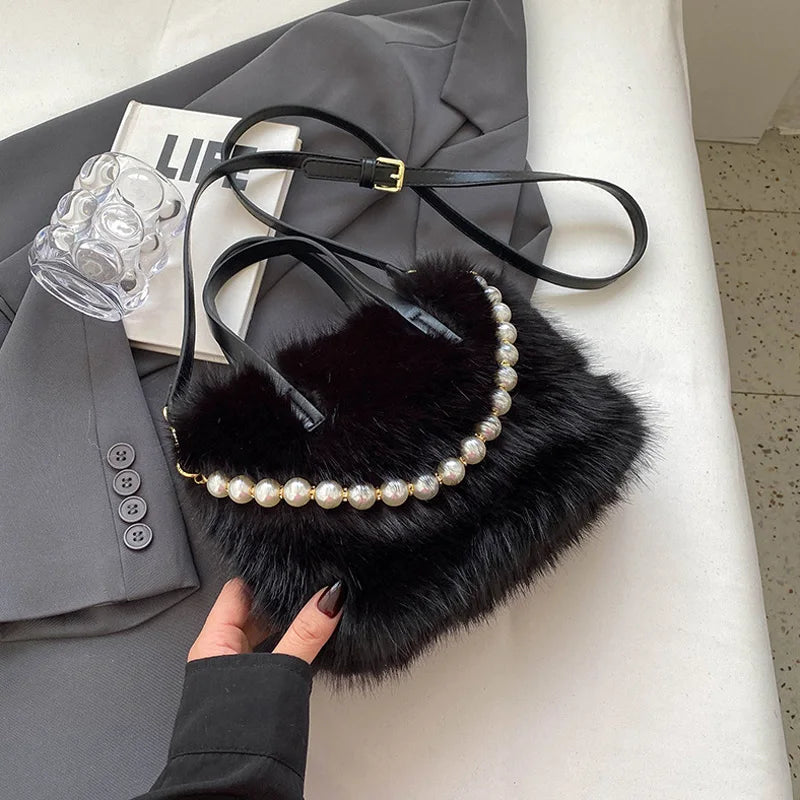 Winter Fashion Faux Fur Crossbody Bags For Women's Gift, Pearl Chain Decor Shoulder Bag, Ladies Handbags Top-handel Bag