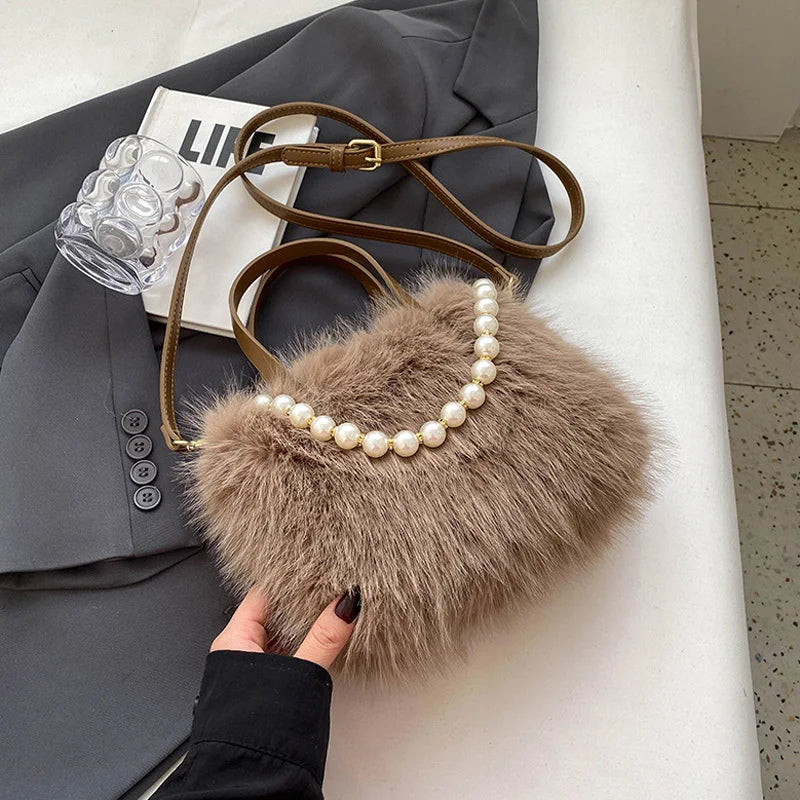 Winter Fashion Faux Fur Crossbody Bags For Women's Gift, Pearl Chain Decor Shoulder Bag, Ladies Handbags Top-handel Bag