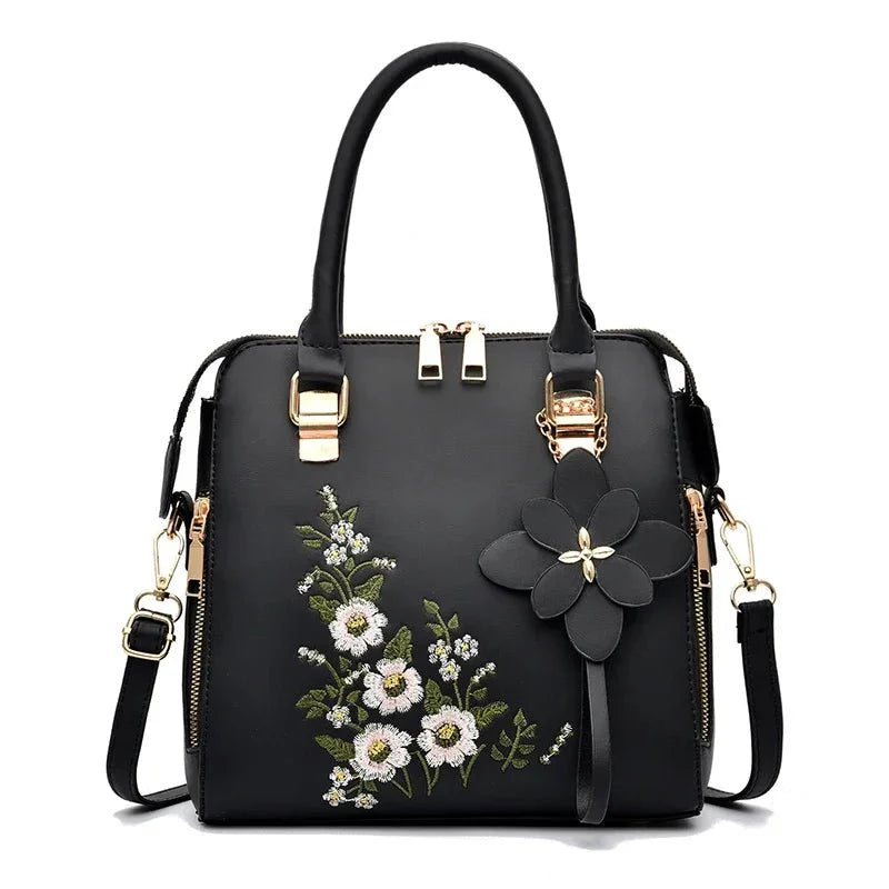 Elegant Floral Embroidered Leather Shoulder Bag