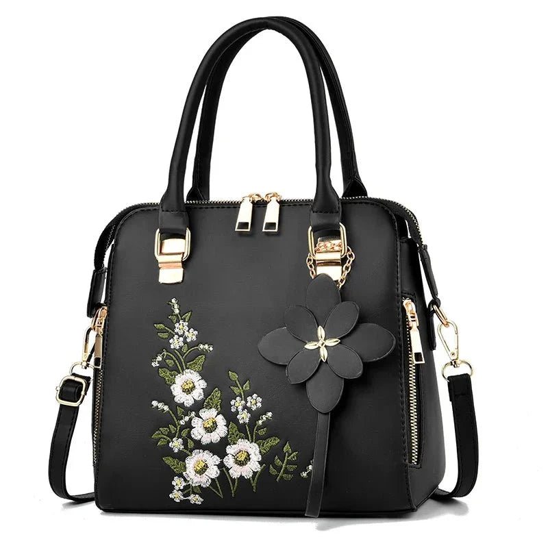 Elegant Floral Embroidered Leather Shoulder Bag