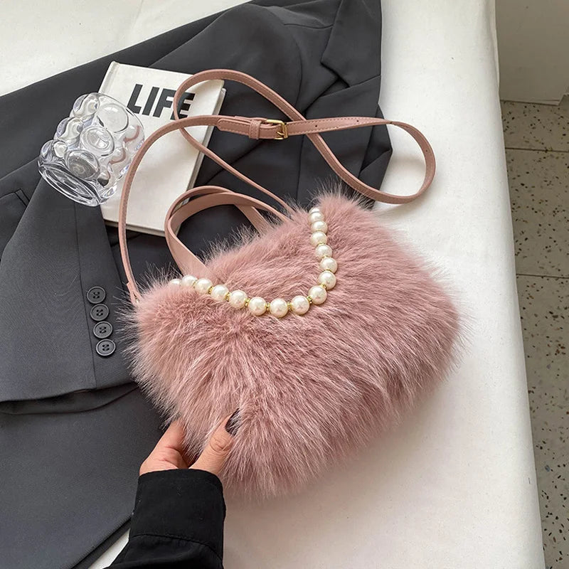 Winter Fashion Faux Fur Crossbody Bags For Women's Gift, Pearl Chain Decor Shoulder Bag, Ladies Handbags Top-handel Bag