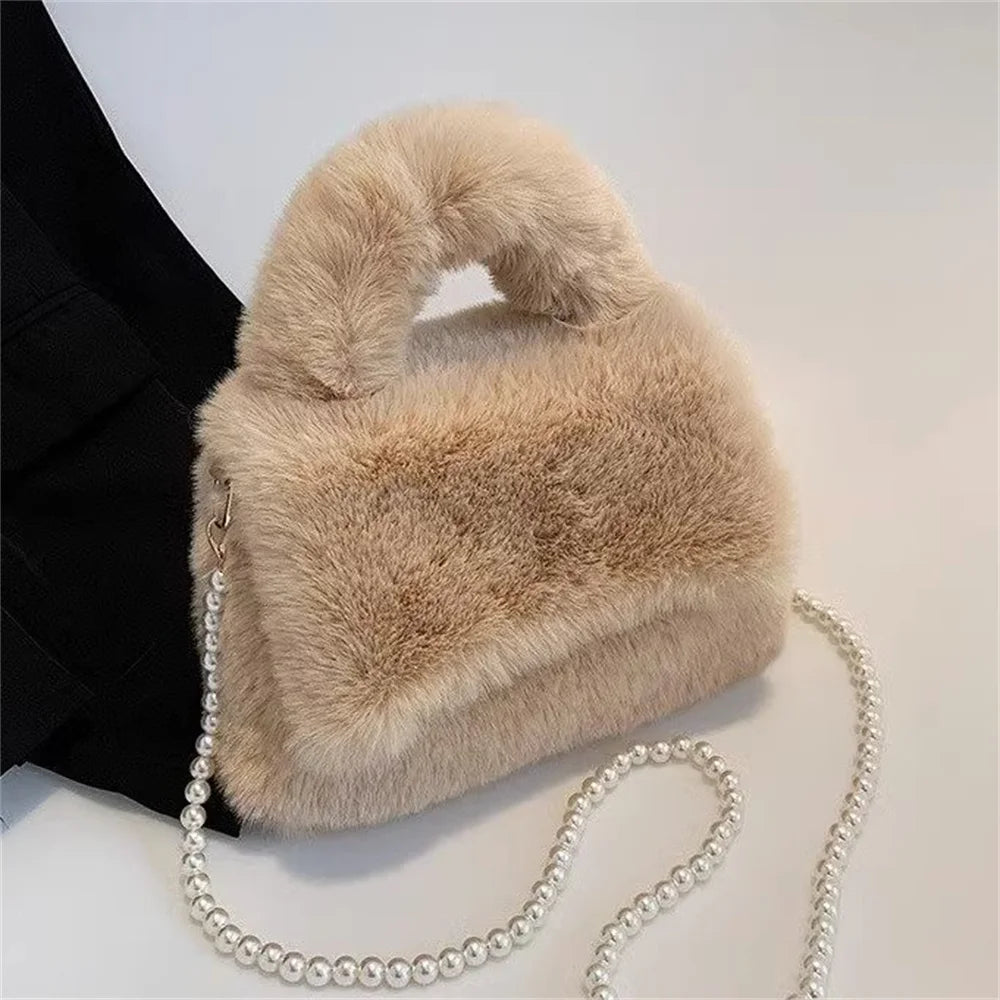 Winter Faux Fur Tote Bag Trend Brand Designer Handbag Fluffy Tote Bags Women Chain Shoulder Bag Small Crossbody Bags New