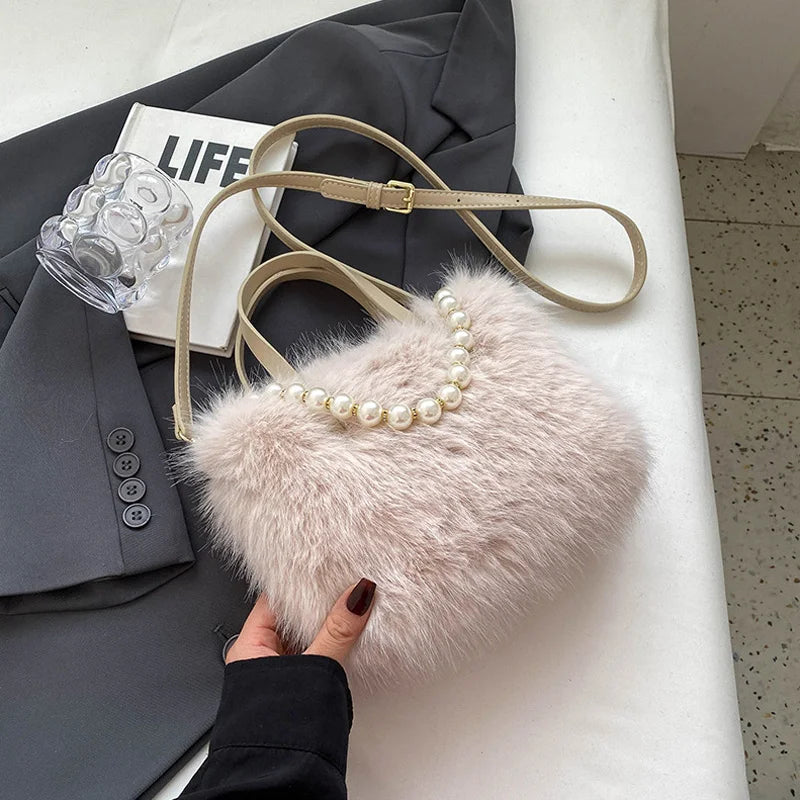 Winter Fashion Faux Fur Crossbody Bags For Women's Gift, Pearl Chain Decor Shoulder Bag, Ladies Handbags Top-handel Bag