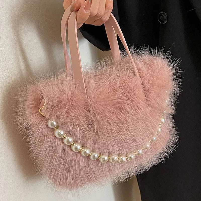 Winter Fashion Faux Fur Crossbody Bags For Women's Gift, Pearl Chain Decor Shoulder Bag, Ladies Handbags Top-handel Bag