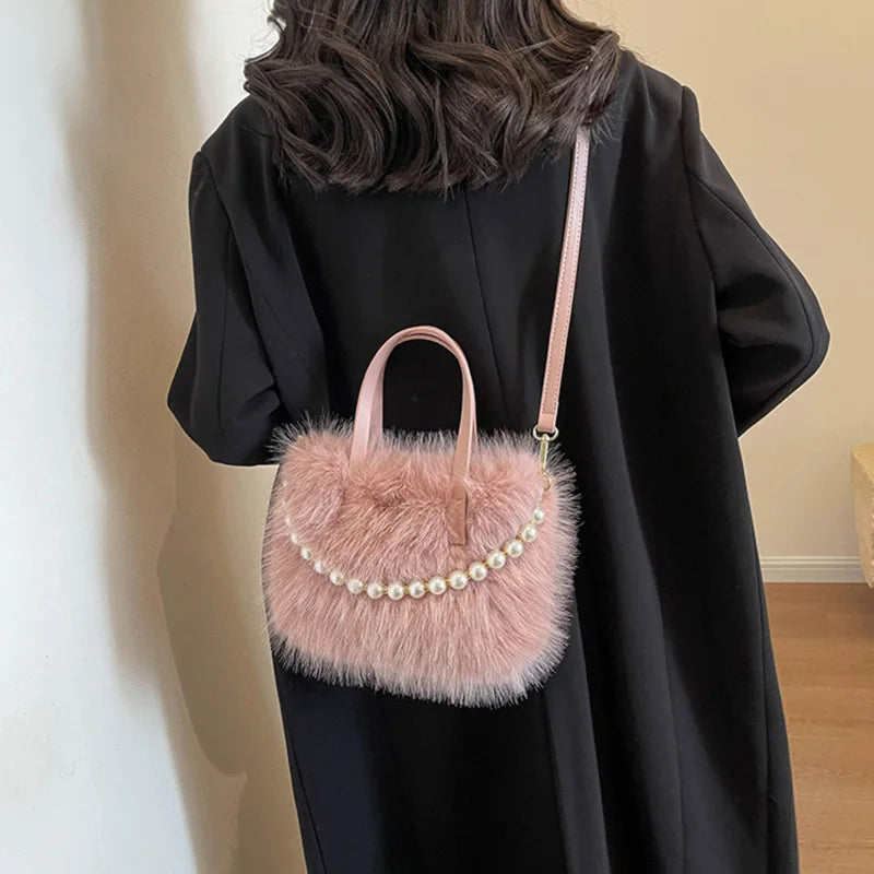 Winter Fashion Faux Fur Crossbody Bags For Women's Gift, Pearl Chain Decor Shoulder Bag, Ladies Handbags Top-handel Bag