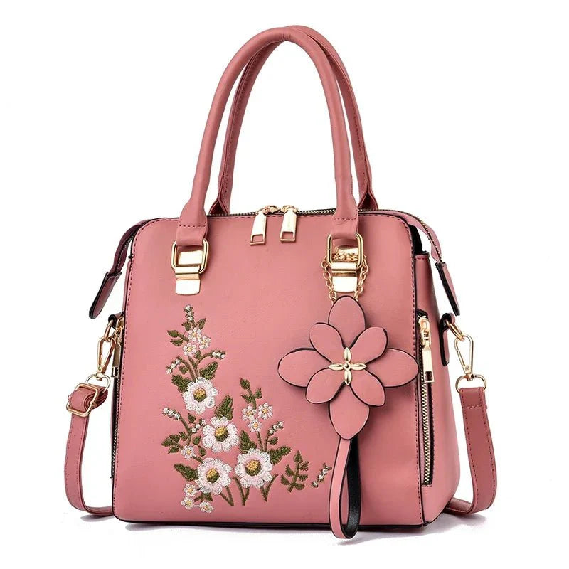 Elegant Floral Embroidered Leather Shoulder Bag