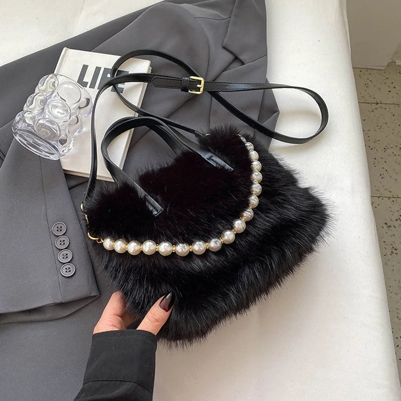 Winter Fashion Faux Fur Crossbody Bags For Women's Gift, Pearl Chain Decor Shoulder Bag, Ladies Handbags Top-handel Bag