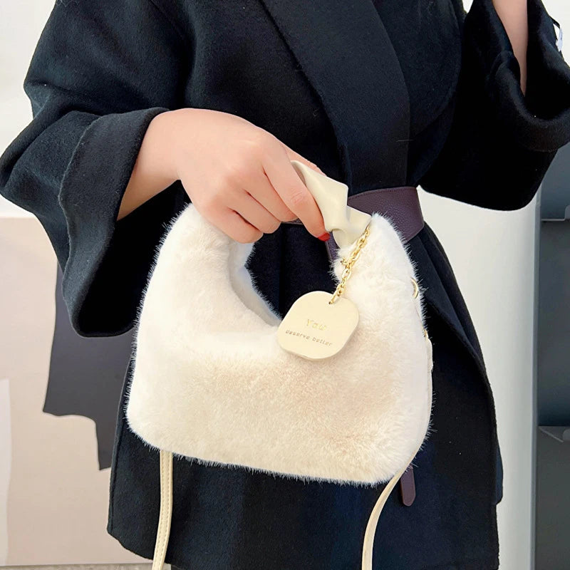 Women Faux Fur Plush Handbags Ruched Handle Small Lady Shoulder Crossbody Bag Casual Half-Moon Hobos Winter Bags for Women