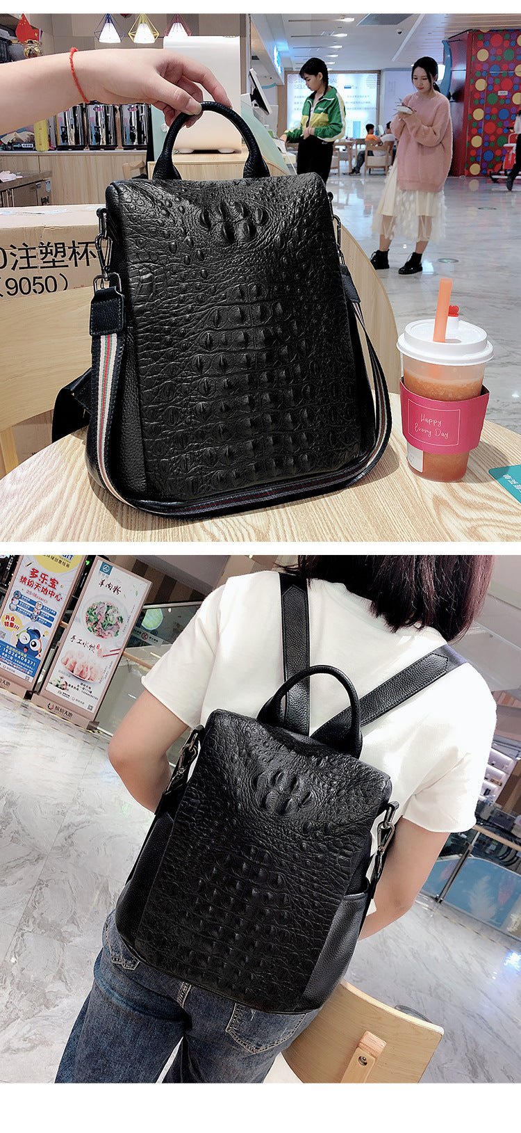 Genuine Leather Alligator Pattern Women's Backpack